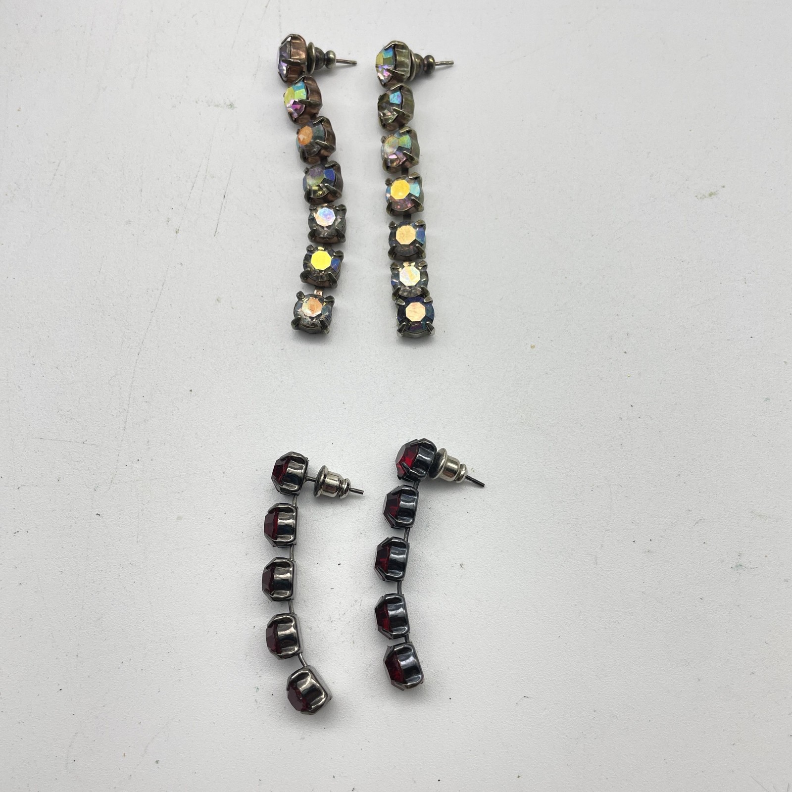 Vintage Rhinestone Dangle Earrings Aurora Borealis Red Crystal Drop Pierced Lot