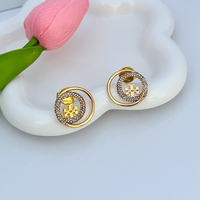 New Burch Golden Classic Double Circle Shining Earring Lady with Jewelry Pouch