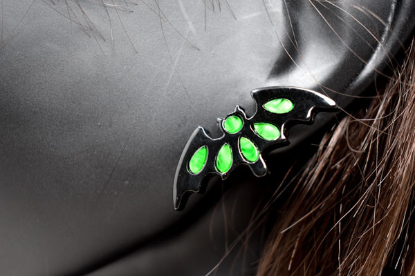 Halloween Theme Flying Bat Neon Green Background Earrings