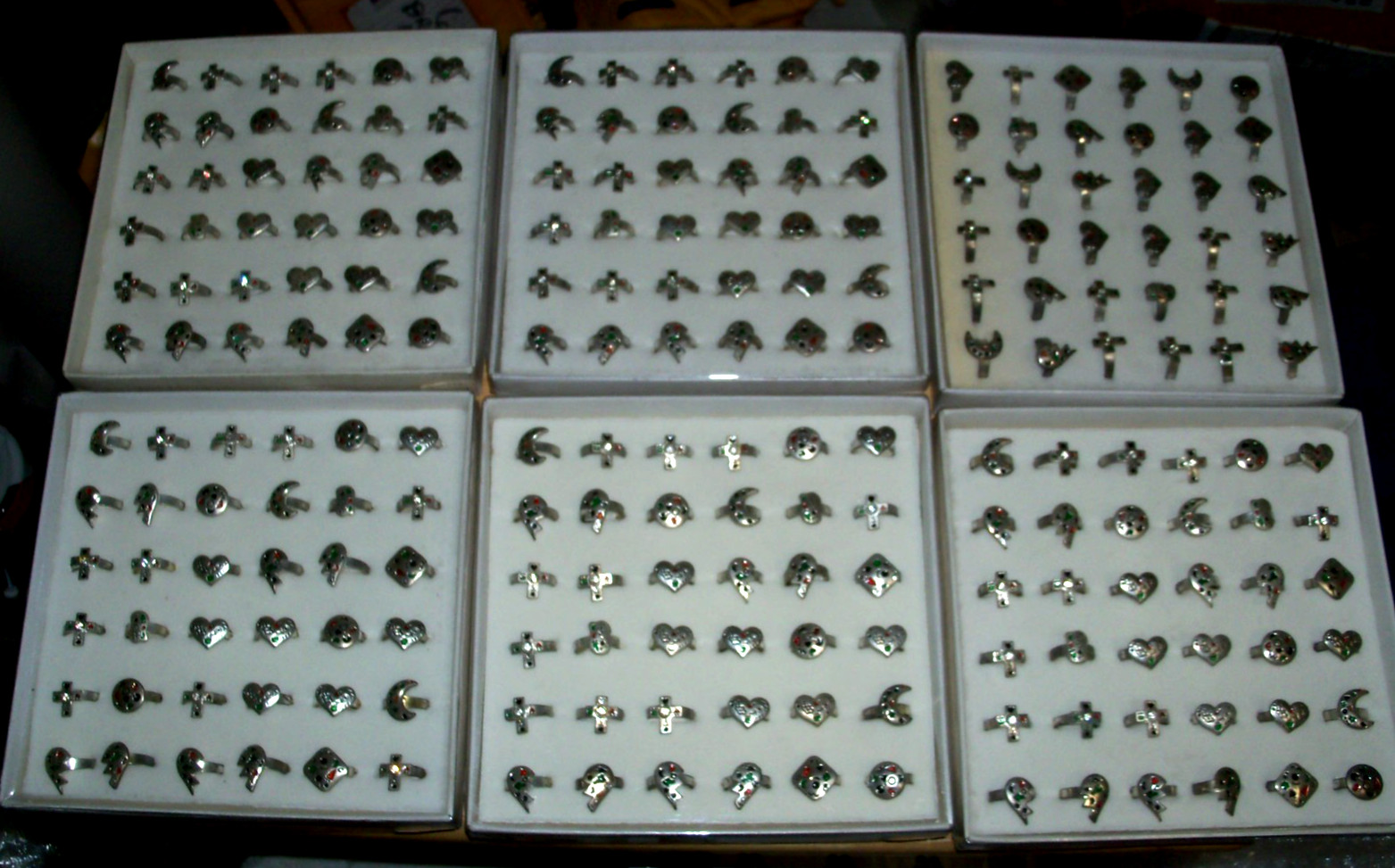 6 BOX OF 36-PIECE EA. BOX ALL SILVER TONE ADJUSTABLE SIZES-DIFFERENT SHAPES -NEW