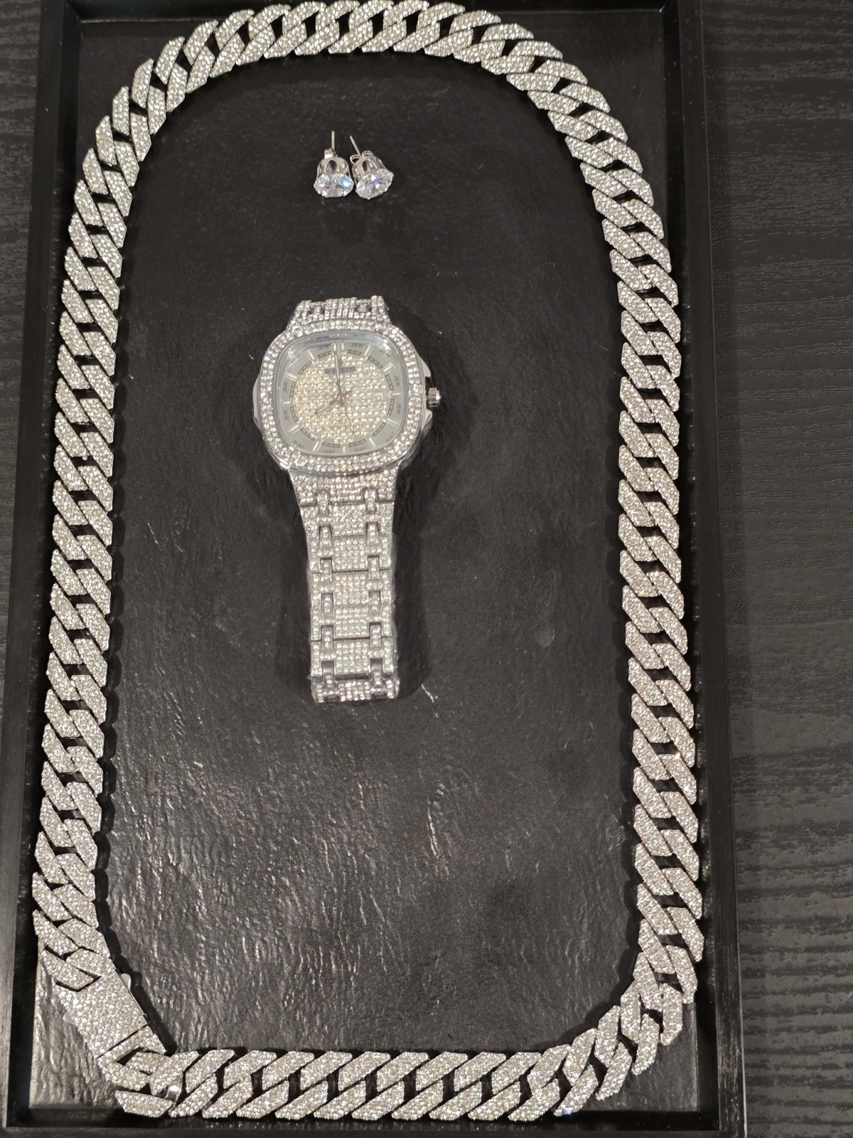Father’s Day Drip Tray: 15mm Iced Out Cuban 30″ Chain/10mm Stud/42mm Watch SET