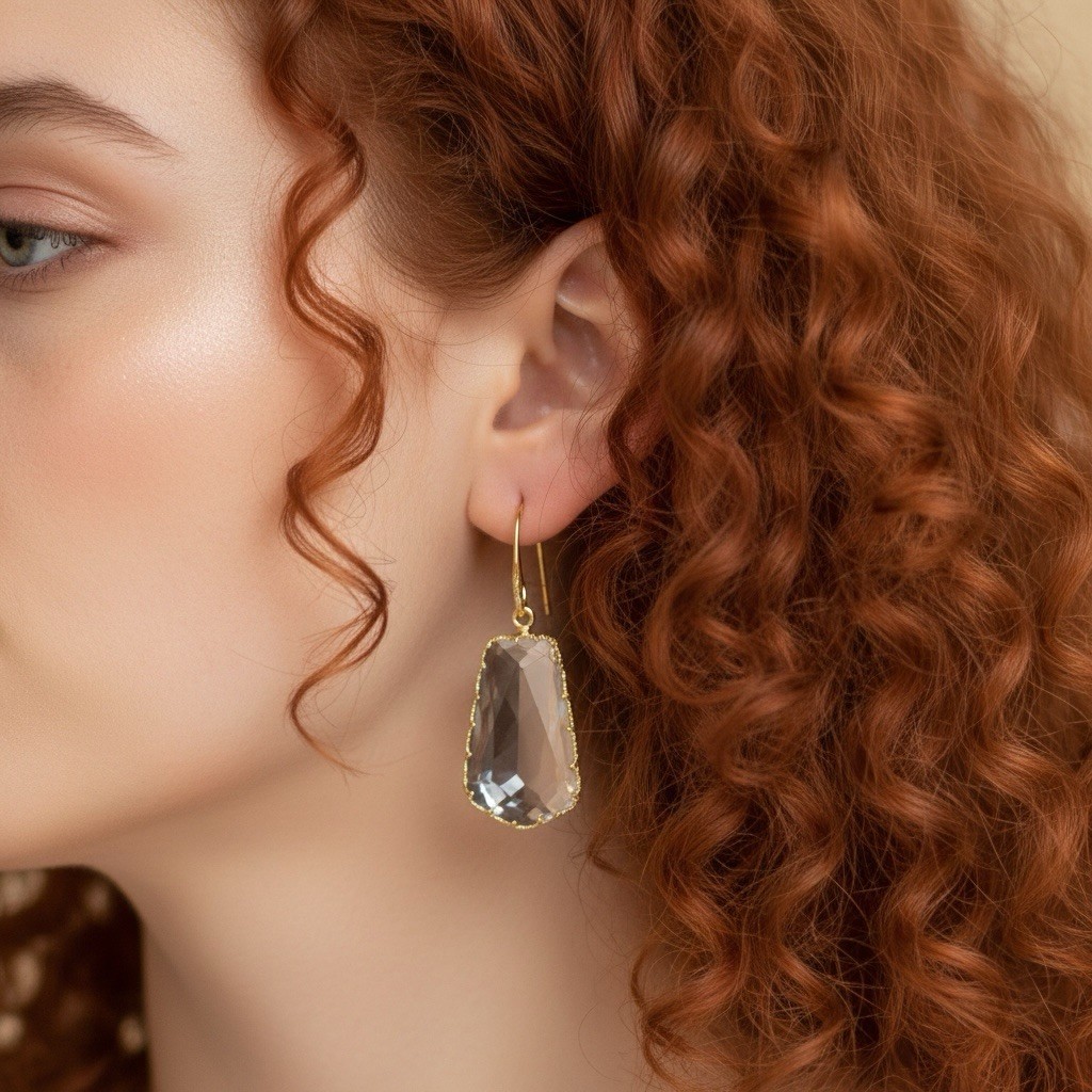 Anthropologie Clear Earrings Geometric Gold Boho Faceted Gemstone Statement VTG