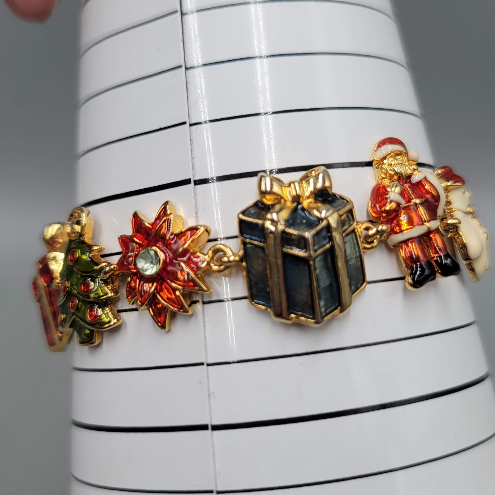 Christopher Radko Christmas Panel Bracelet Gold Plated Enamel 7.25 in