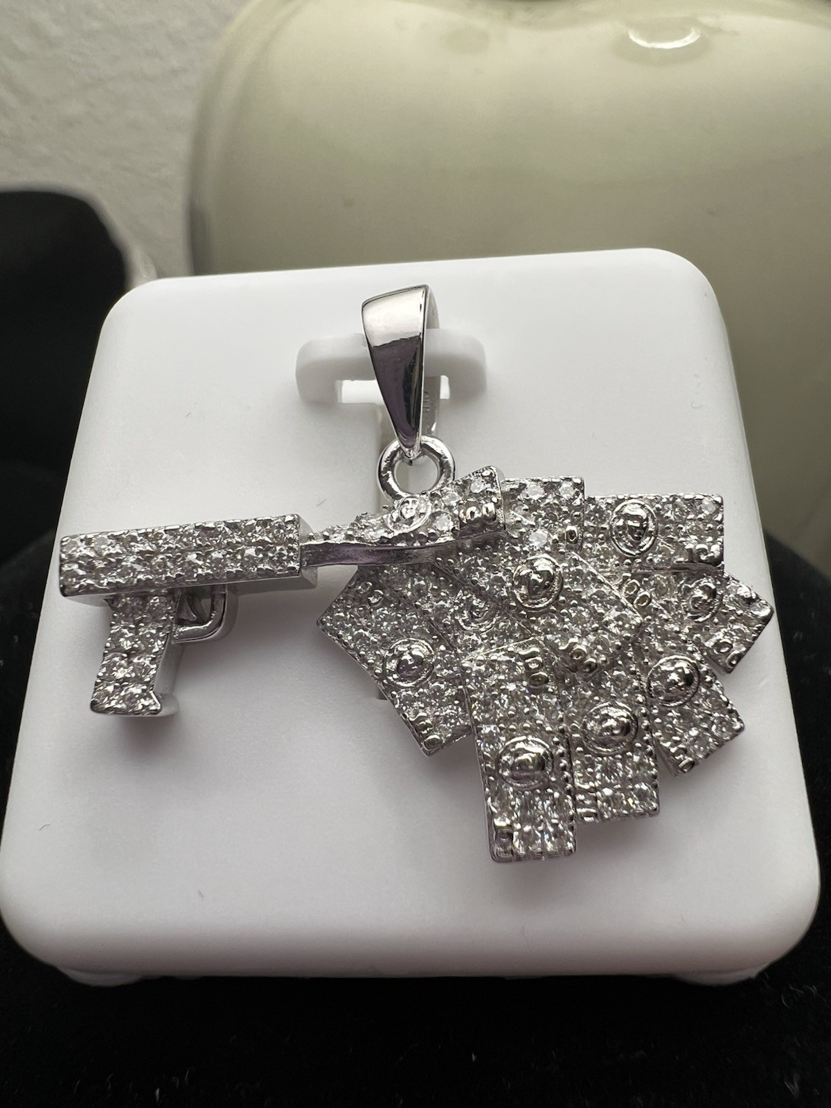 925Hip Hop Silver Plated Pistol Charm Pendant Simulated Diamond Pavé Round White