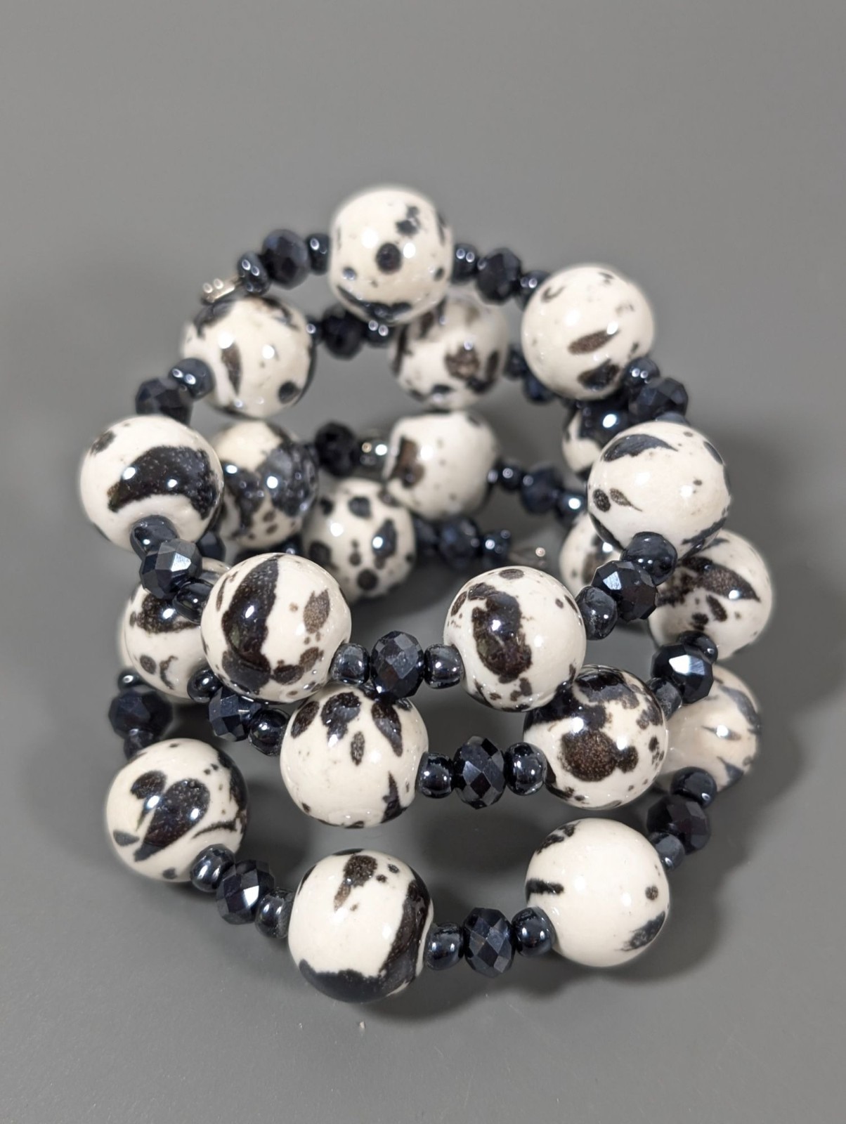 Dalmatian White Gray Ceramic & Hematite Beaded Wrap Bracelet