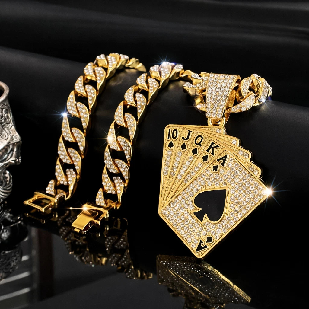 Men’s Gold Tone Playing Cards Pendant Necklace – Iced Out Poker Charm