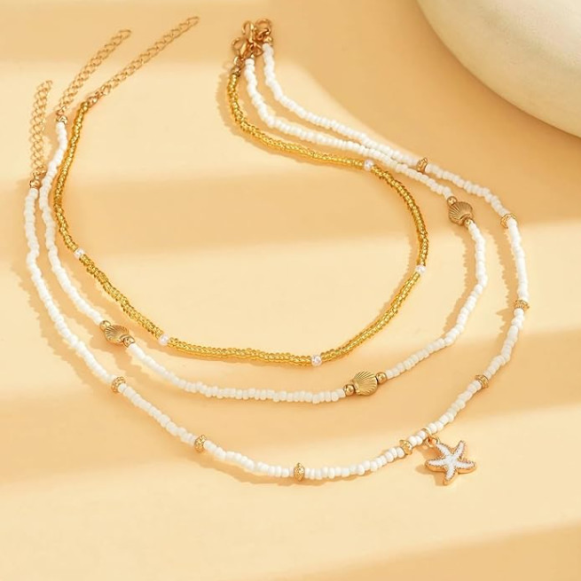 Starfish Necklace for Women, 14K Gold-Plated Boho Layered Beaded Charm Necklace,
