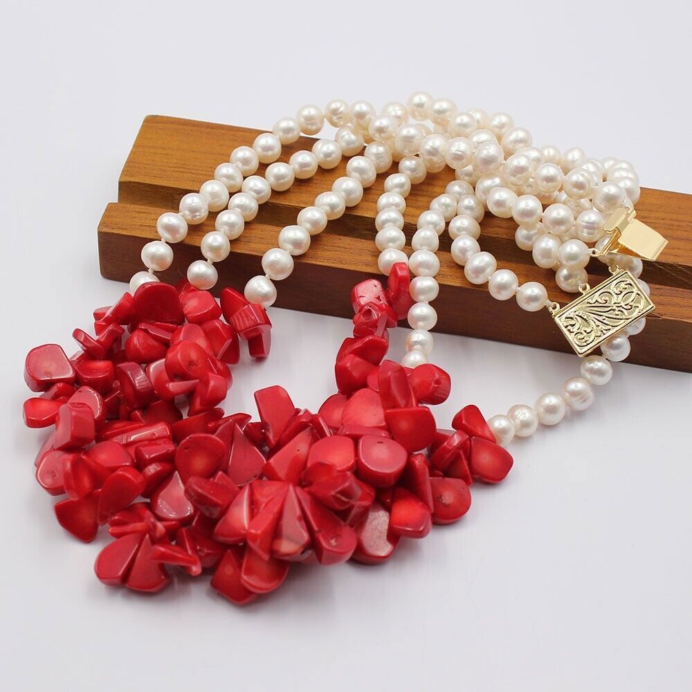 3 Rows Red Coral Natural White Keshi Round Pearl Necklace Handmade For Lady Gift