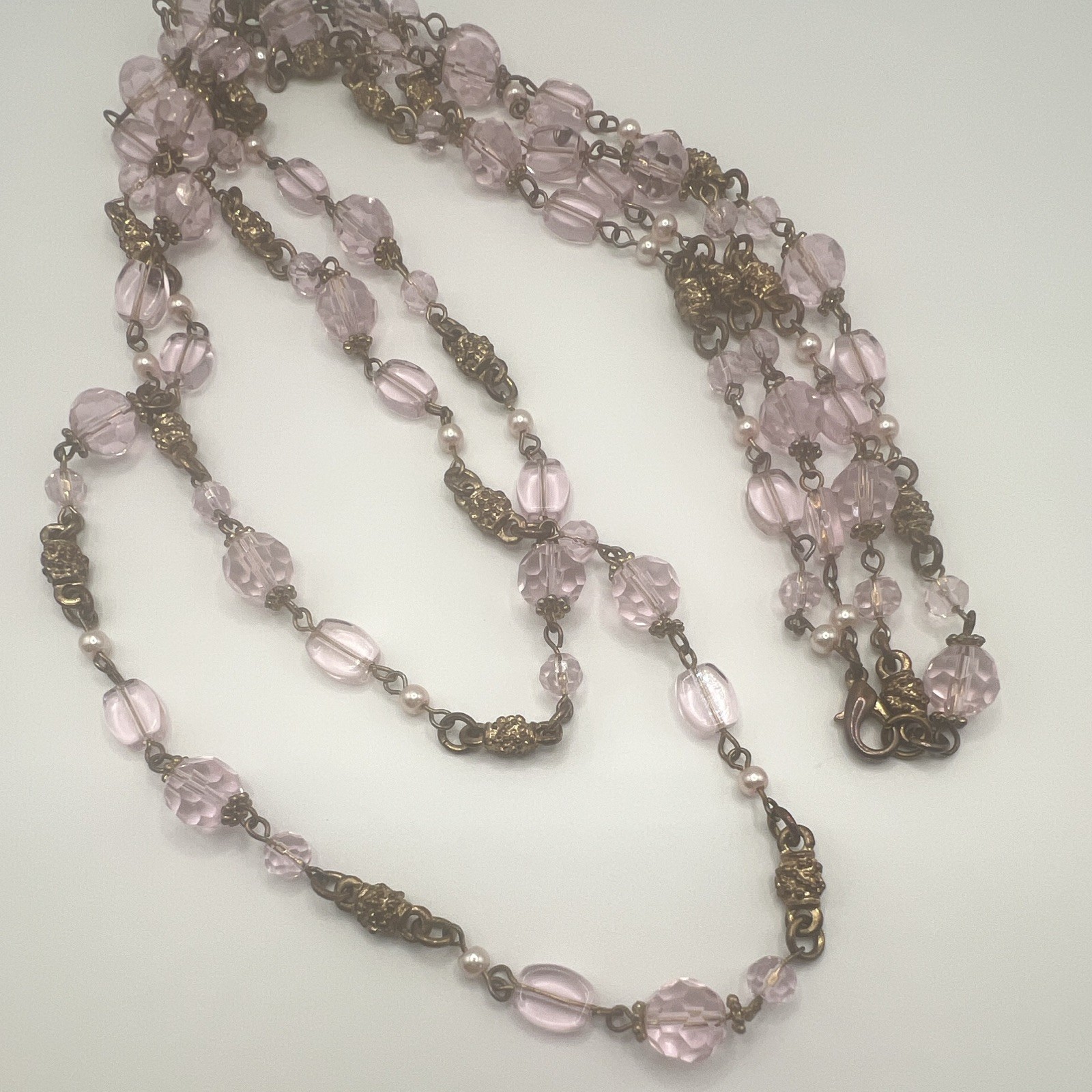 Vintage Pink Crystal Glass Long Length, Double Strand Necklace, Gold Tone Set