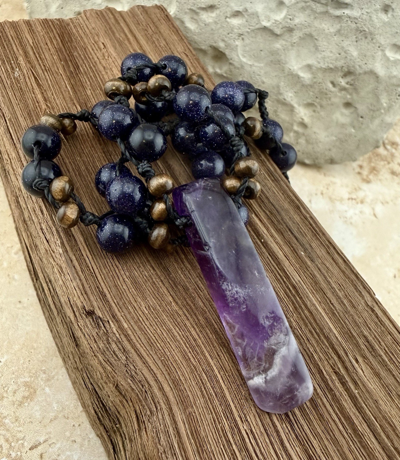 Amethyst Pendant w/ Blue Goldstone Crystal Necklace. USA Artisan ElyriesEmbers