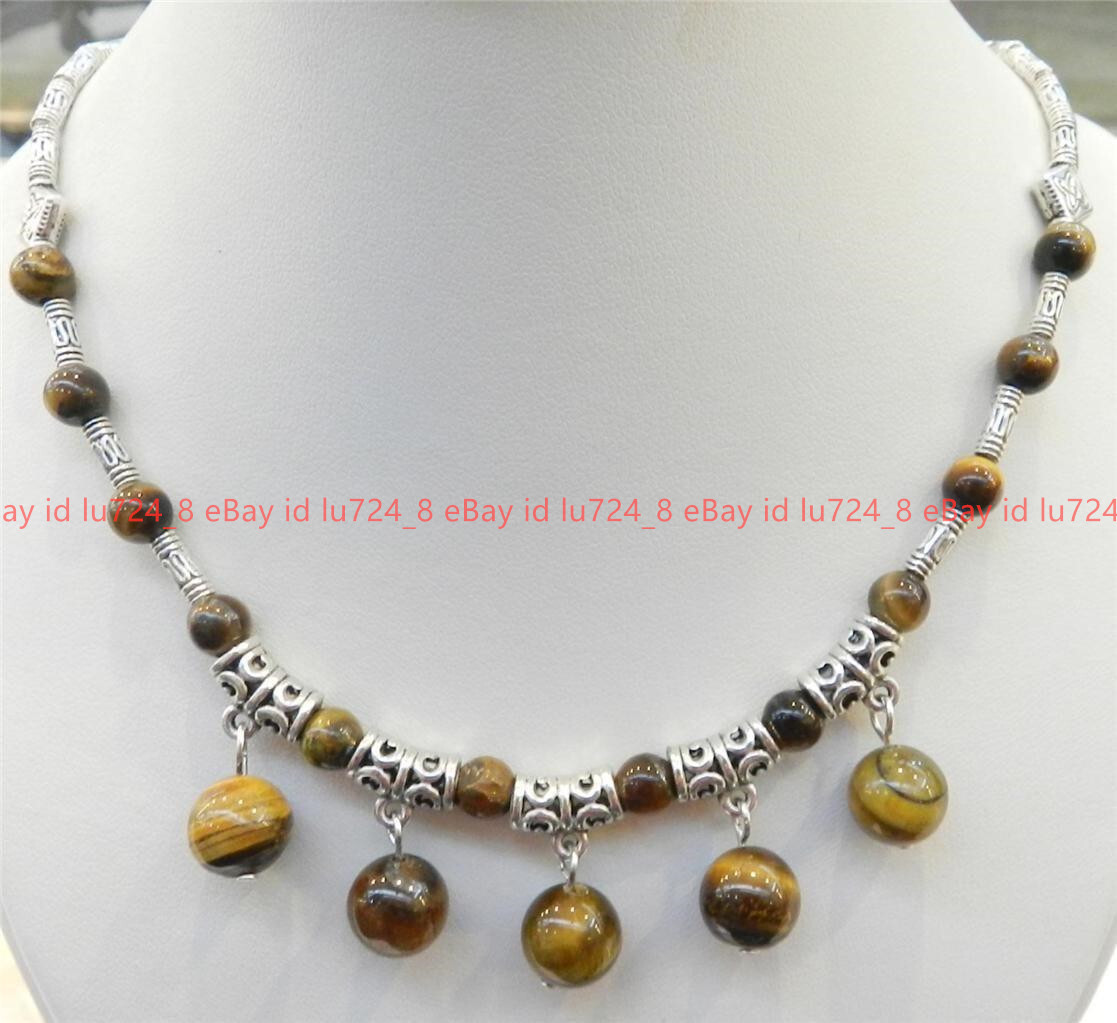 Lovely Natural Yellow Tiger’s Eye Round Beads Pendant &Tibet Silver Necklace 18″