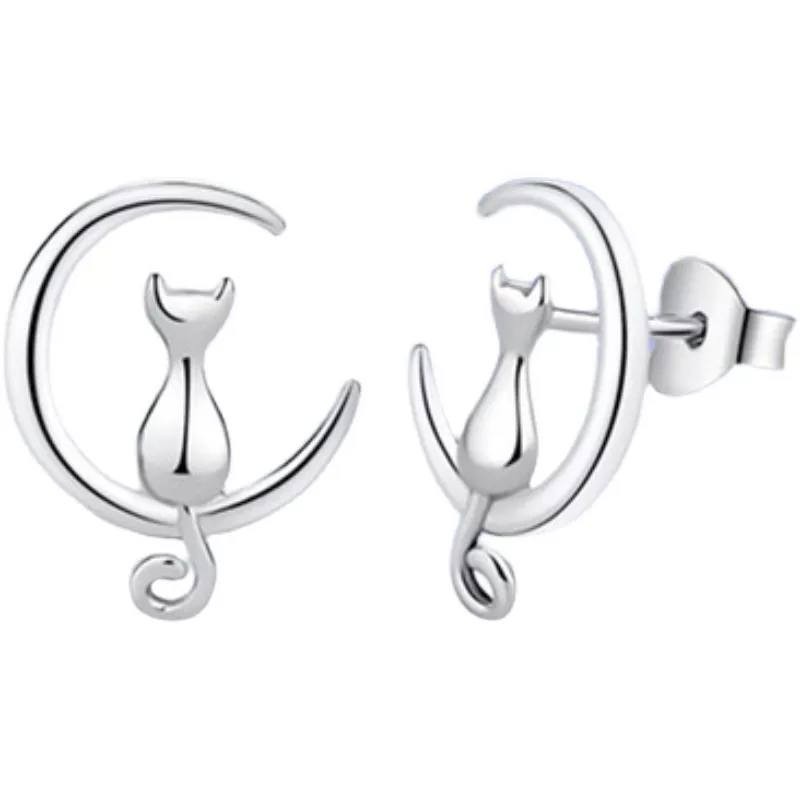 925 Sterling Silver Cat on the Moon Stud Earring Cute Animal Design Jewelry Gift