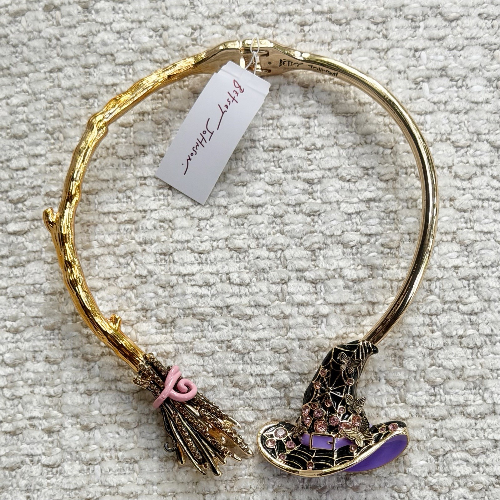Betsey Johnson Halloween Witch Hat Broom Collar Necklace Gold Purple Enamel NWT