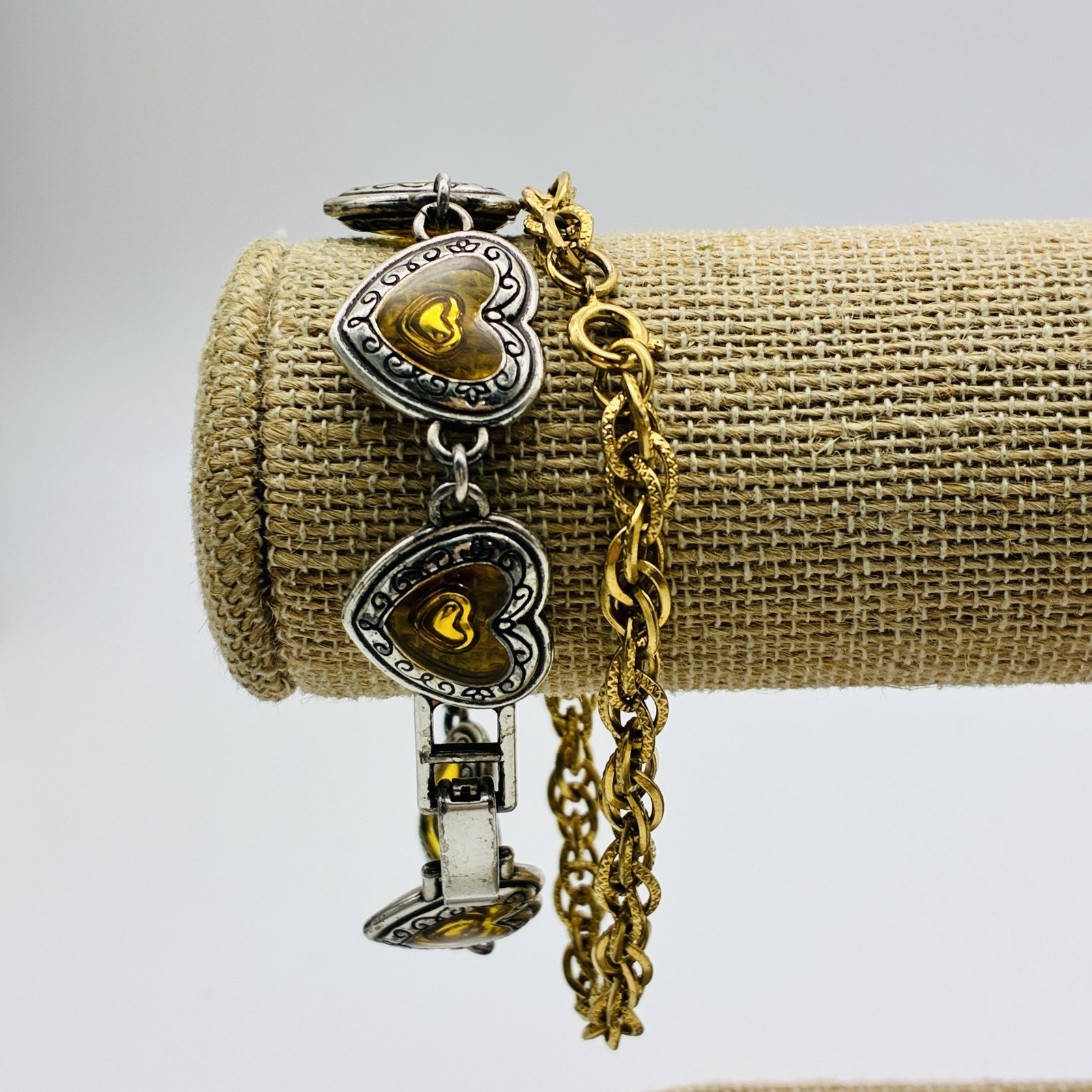 Heart Link and Chain Bracelets Lot of 2 Silver and Gold Tone Valentine