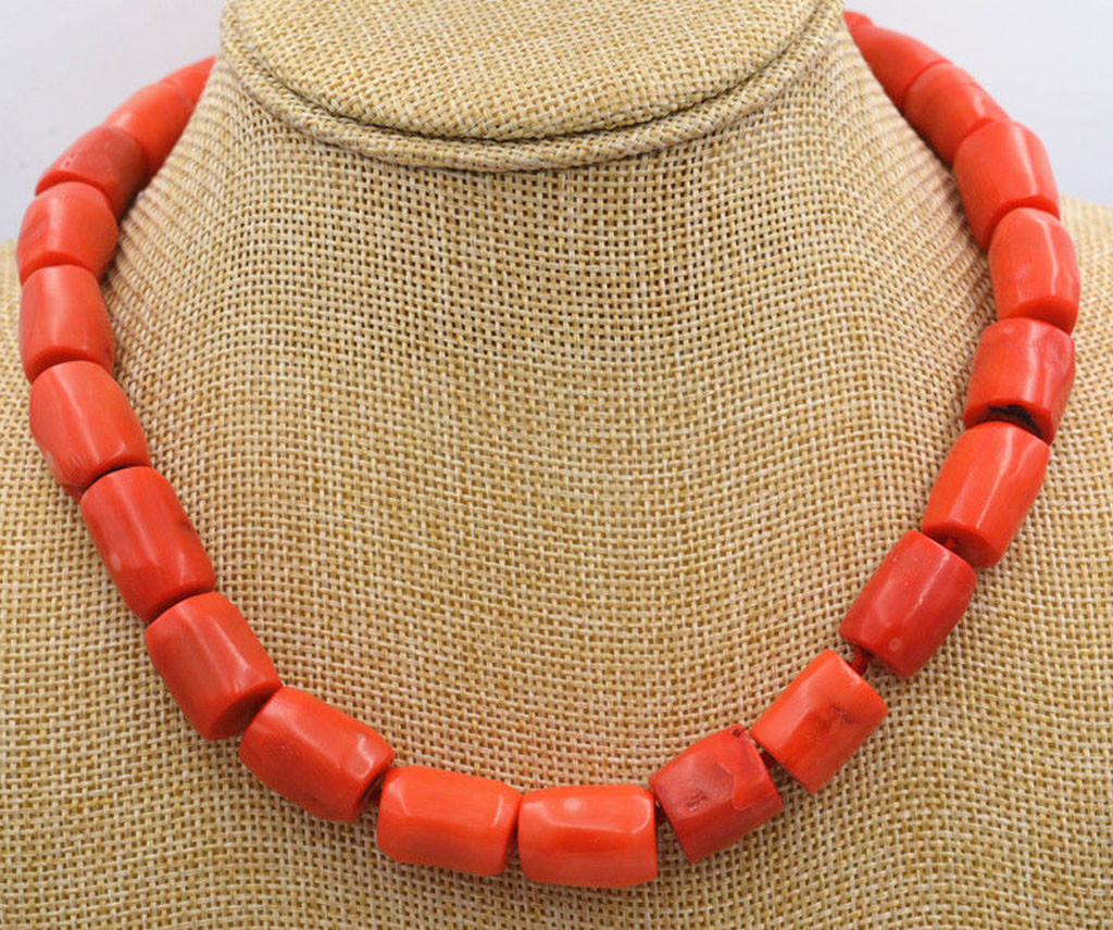 Genuine Natural High Quality Column Orange Coral Gemstone Princess Necklace 18”