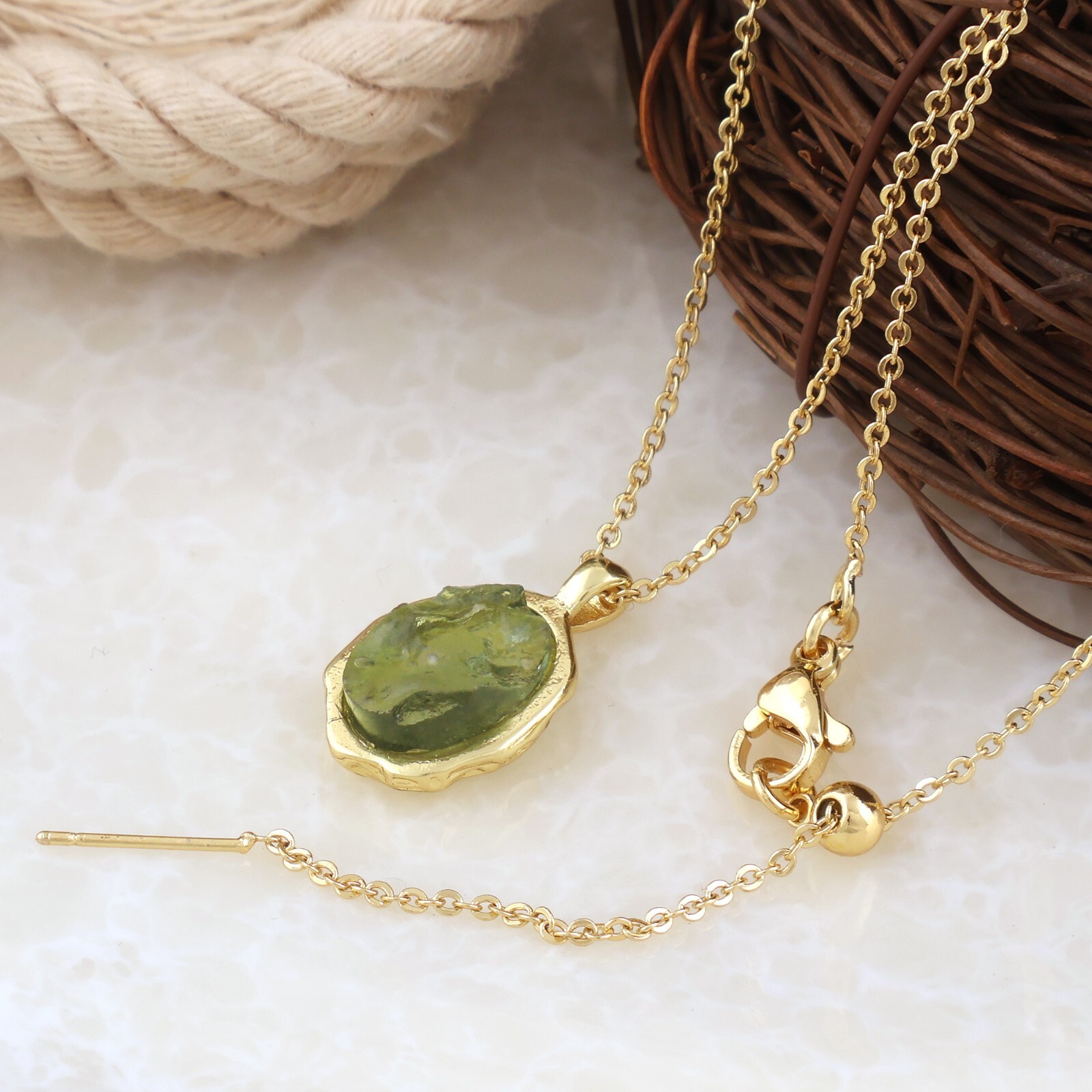 Authentic Raw Uncut Moldavite Pendant Gold Plated Oval Shape Moldavite Necklace