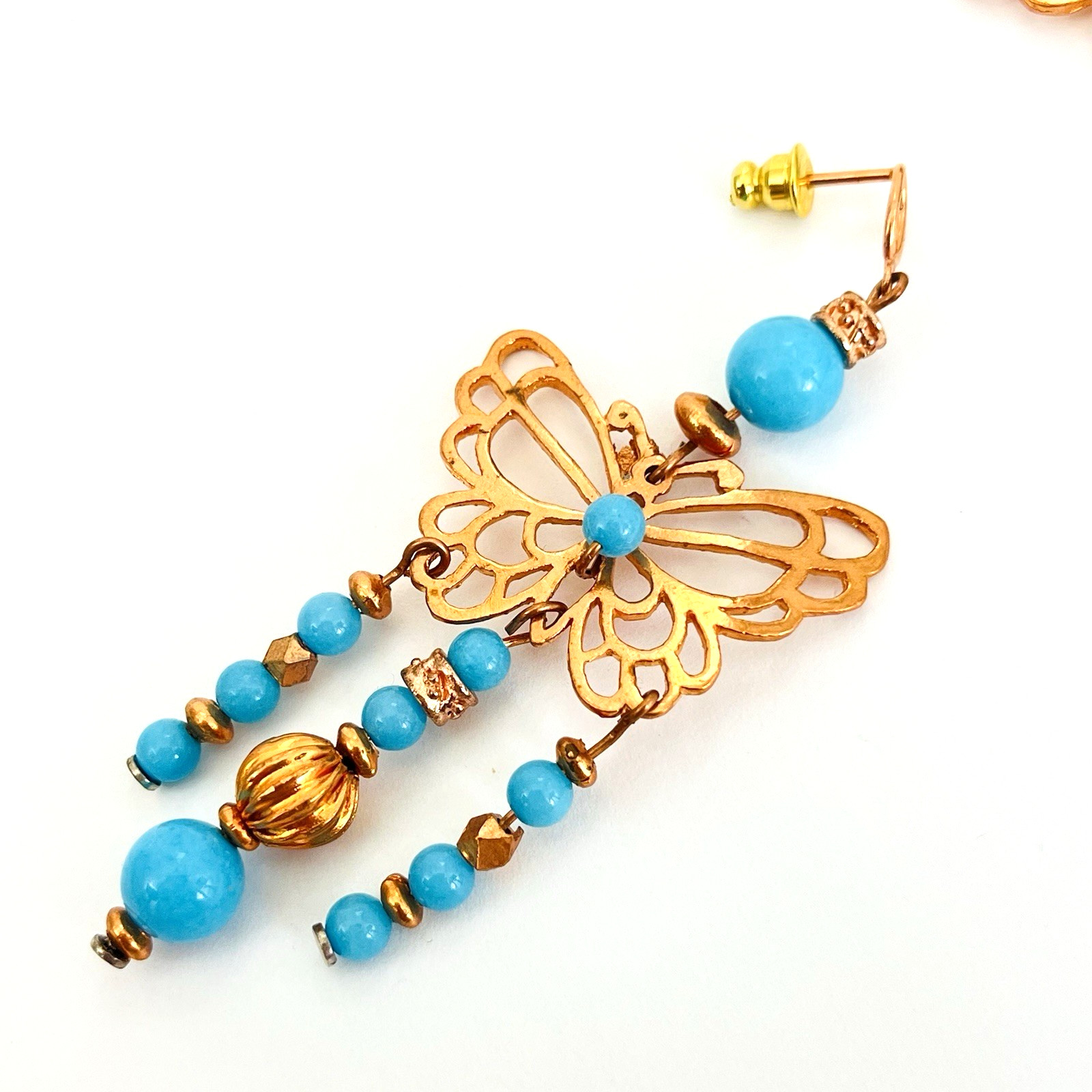 Blue Quartzite Stone Copper Butterfly Dangle Pierced Earrings Southwestern