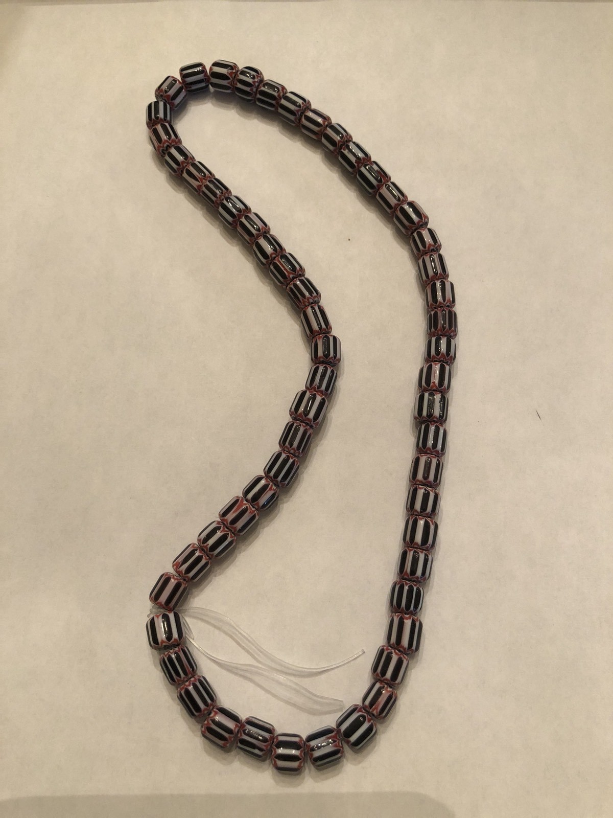 Vintage Red, White & Black Six Layer Glass Chevron Barrel Bead Strand
