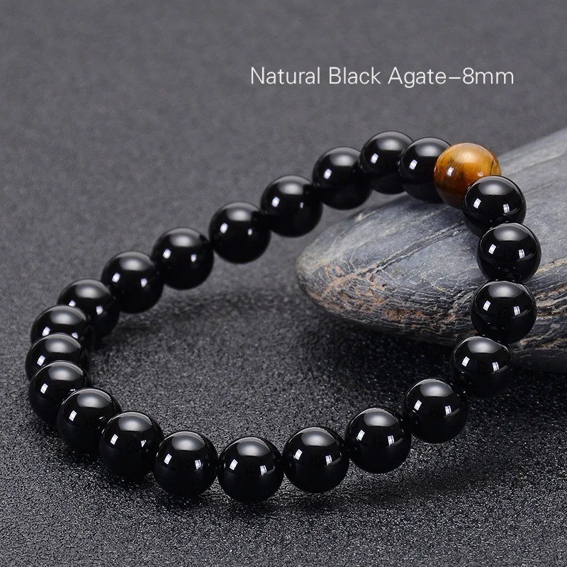 Natural Black Agate Onyx Bracelet Single Red Tiger Eye Bead Elastic Unisex Gift