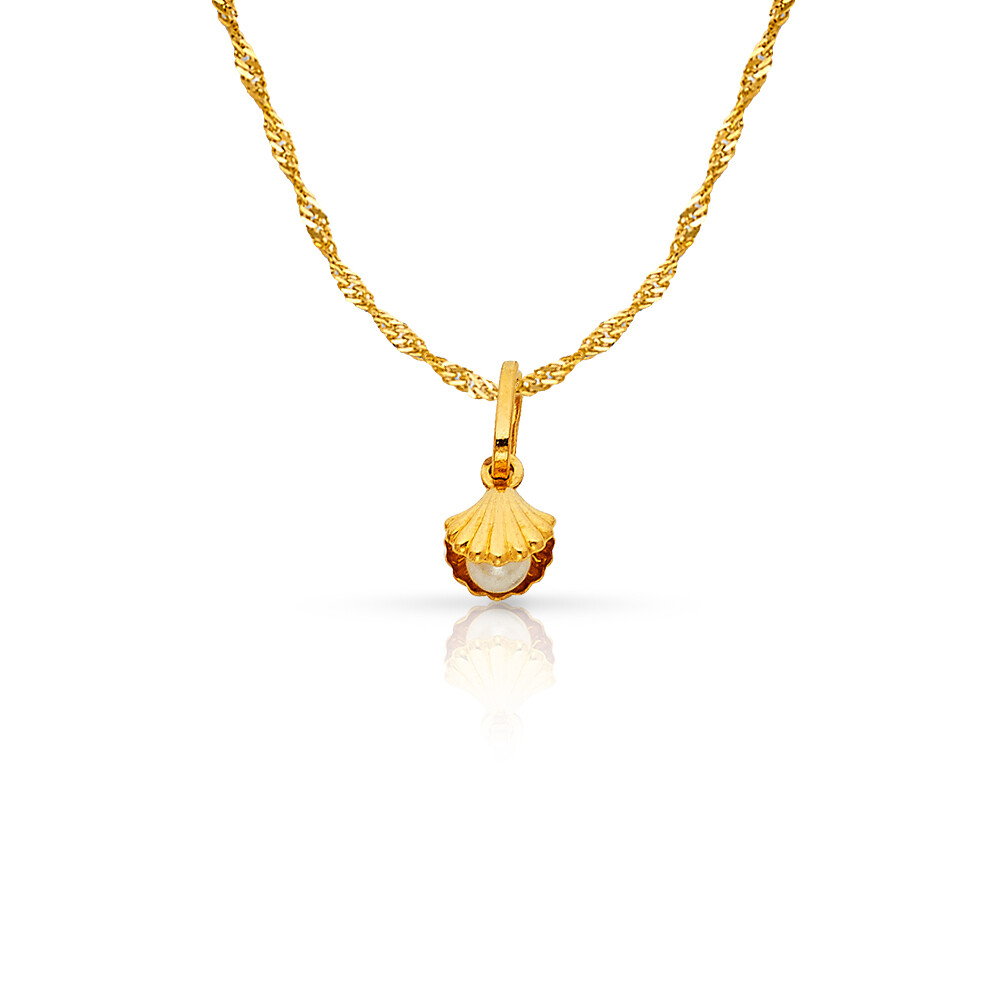 14K Yellow Gold Clam Shell & Pearl Charm Pendant &0.9mm Singapore Chain Necklace