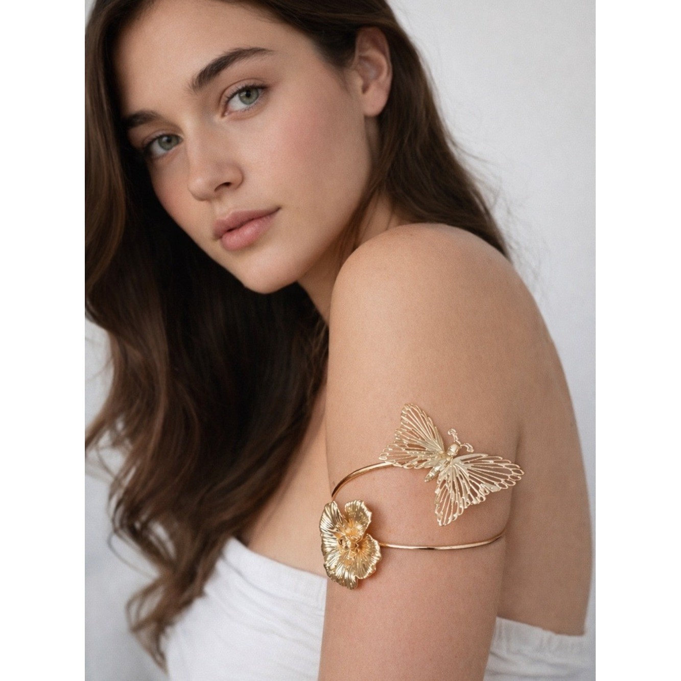 Gold Tone Butterfly & Flower Arm Cuff Adjustable Upper Arm Band 3.5 inches