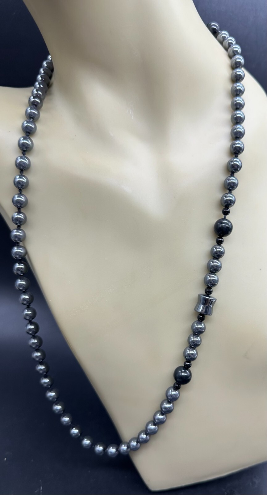 ESTATE POLISHED HEMATITE BEAD BALL BARREL STRAND STRING NECKLACE 28″