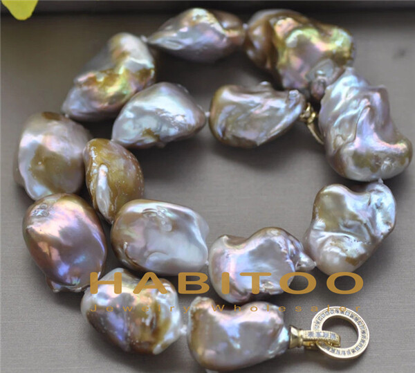 Huge 17″ 20mm Peacock-Lavender Baroque Keshi Reborn Pearl Necklace CZ