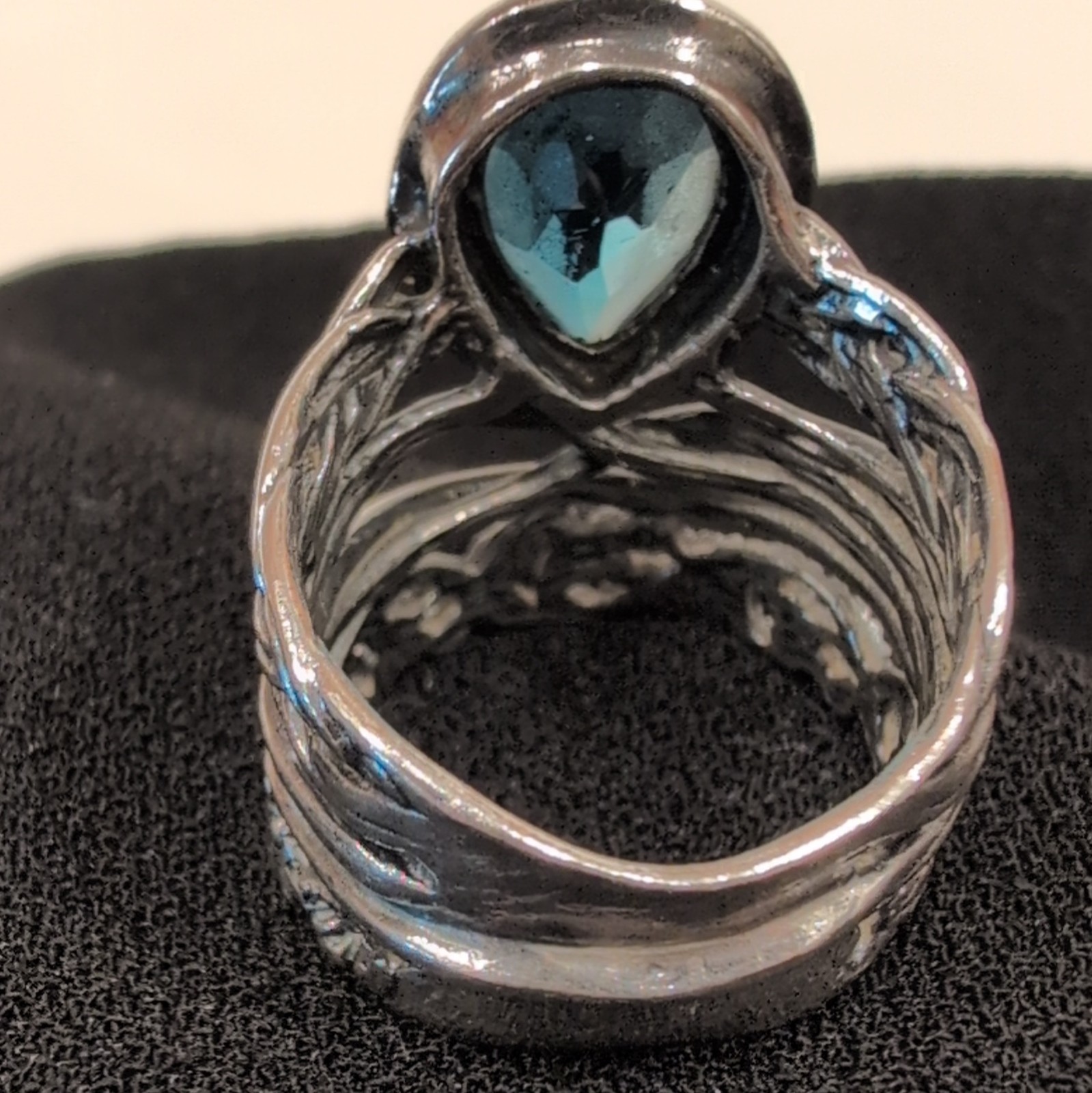925 Sterling Silver Blue Pear Tear drop Crystal Prong-Set Israel Band Ring SZ 7