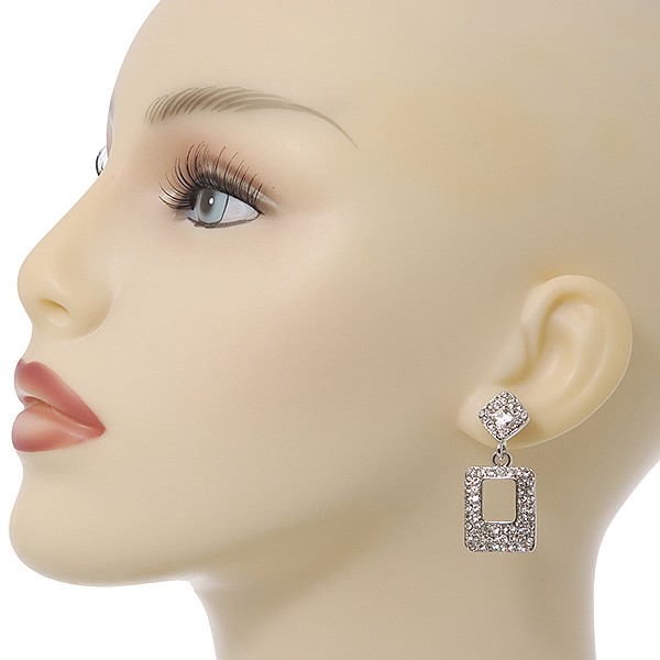 Rhodium Plated Square Drop Clear Crystal Earrings – 3.5cm