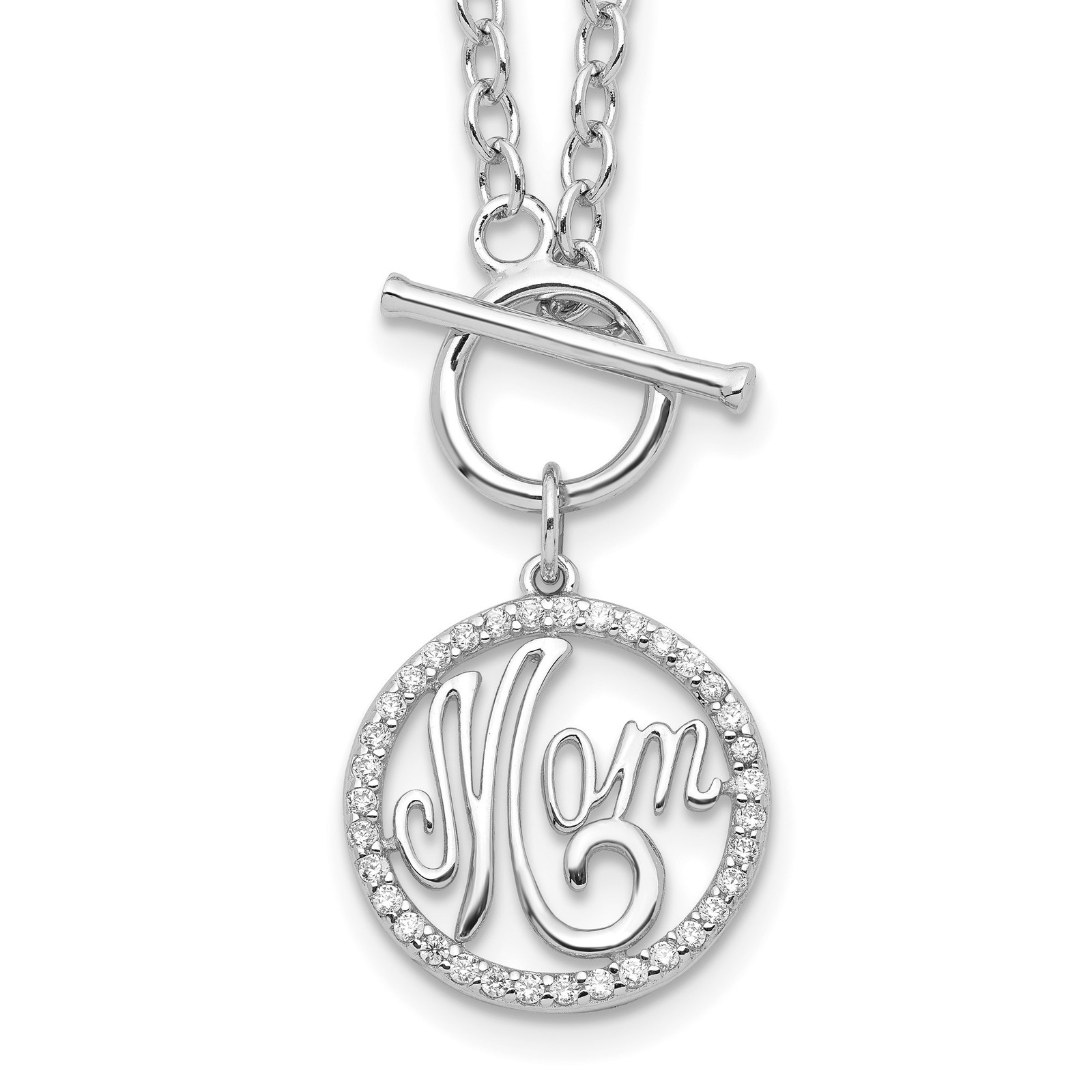 Sterling Silver Rhodium-plated Polished CZ Mom 18 inch Necklace Chain Mens Women