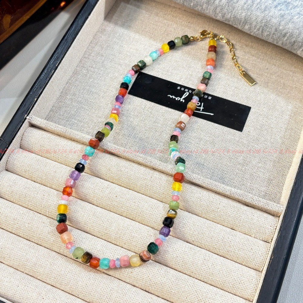 Pretty Rainbow Colors Natural Stone Turquoise Gems Square Bead Necklace 42+5cm