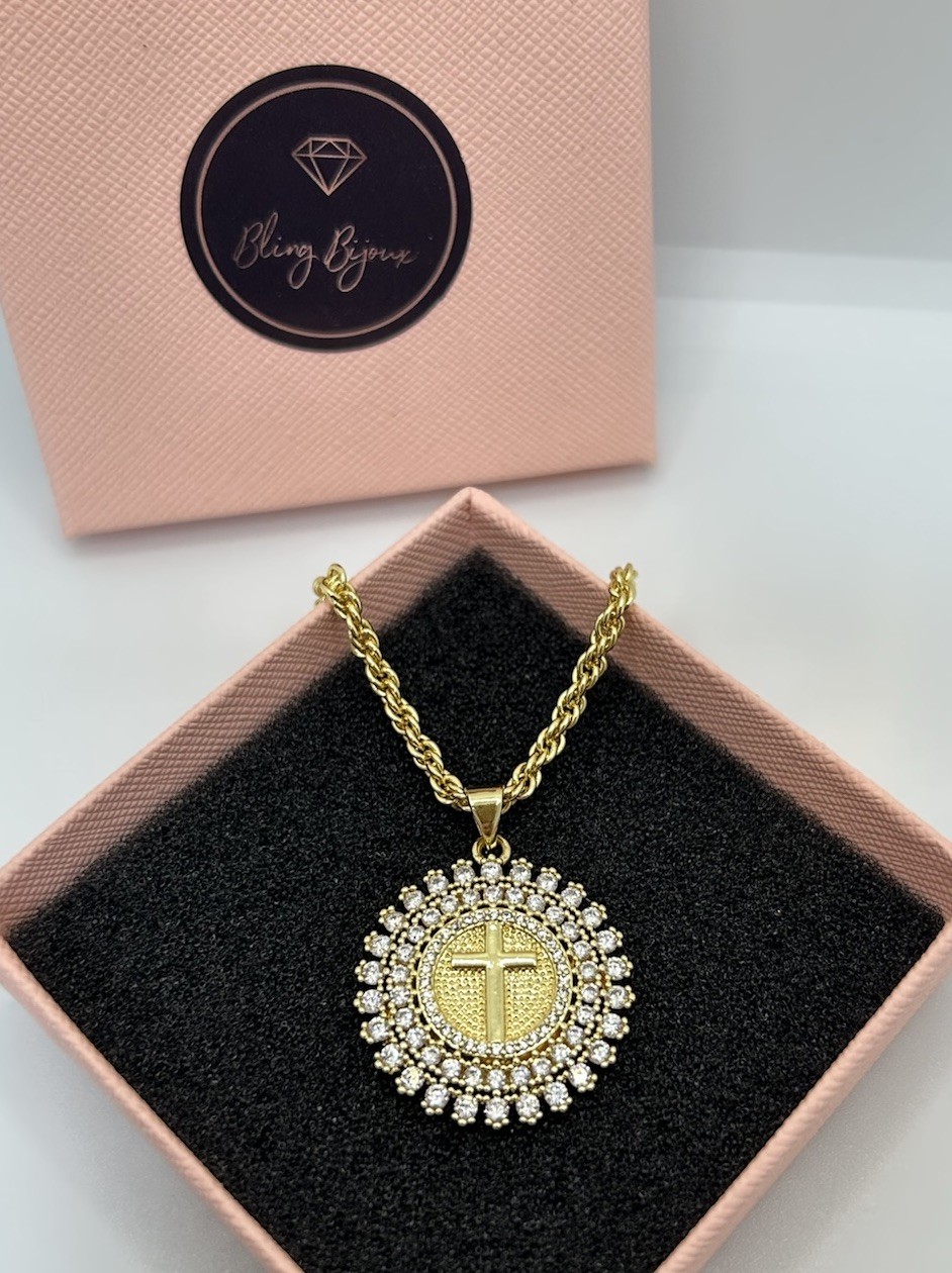 9ct GF Round Medallion Cross Pendant Necklace – 55cm (22”) 9K Gold Filled CZ