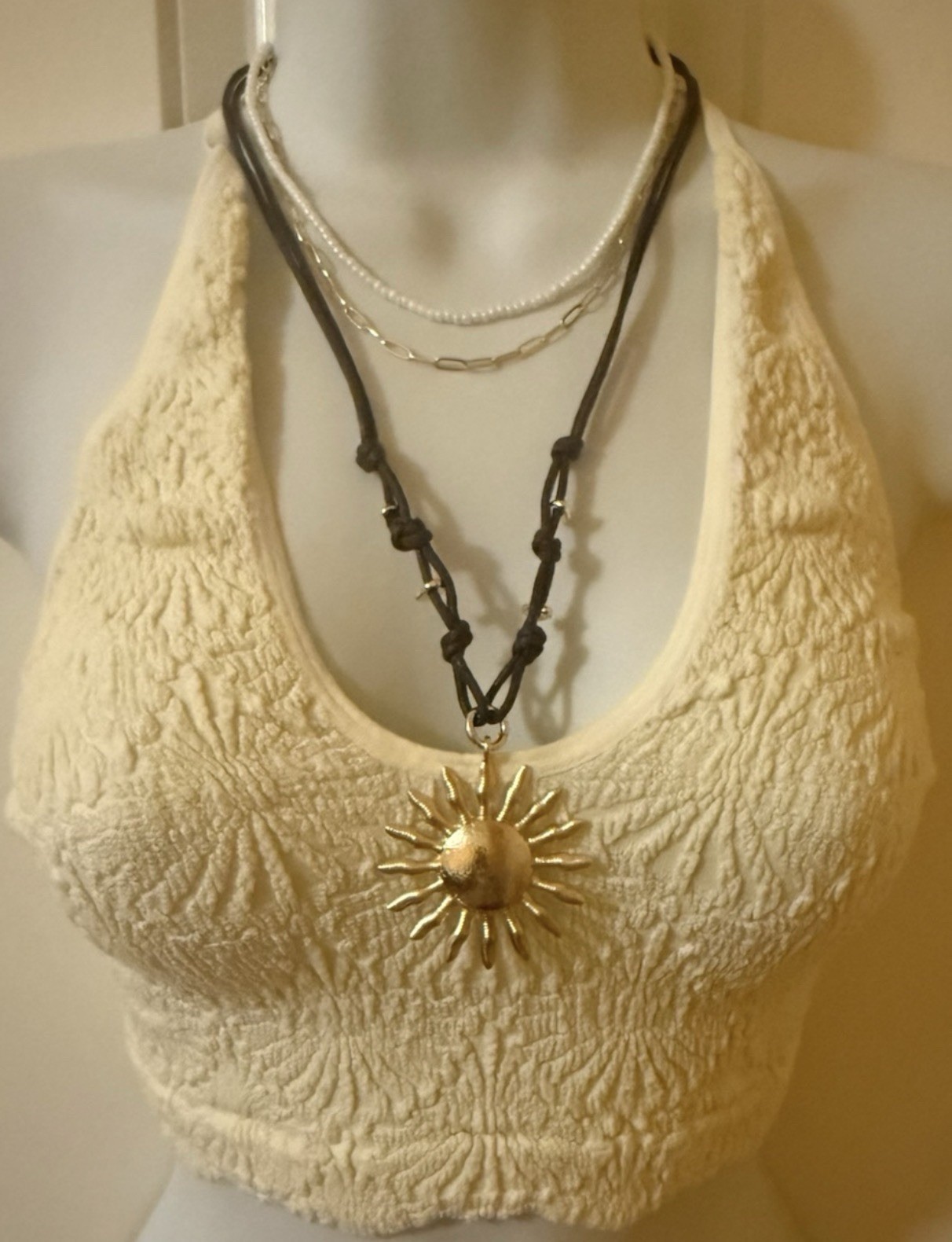 Free People Layered Sun Pendant Necklace Brown Cord Gold Boho Adjustable