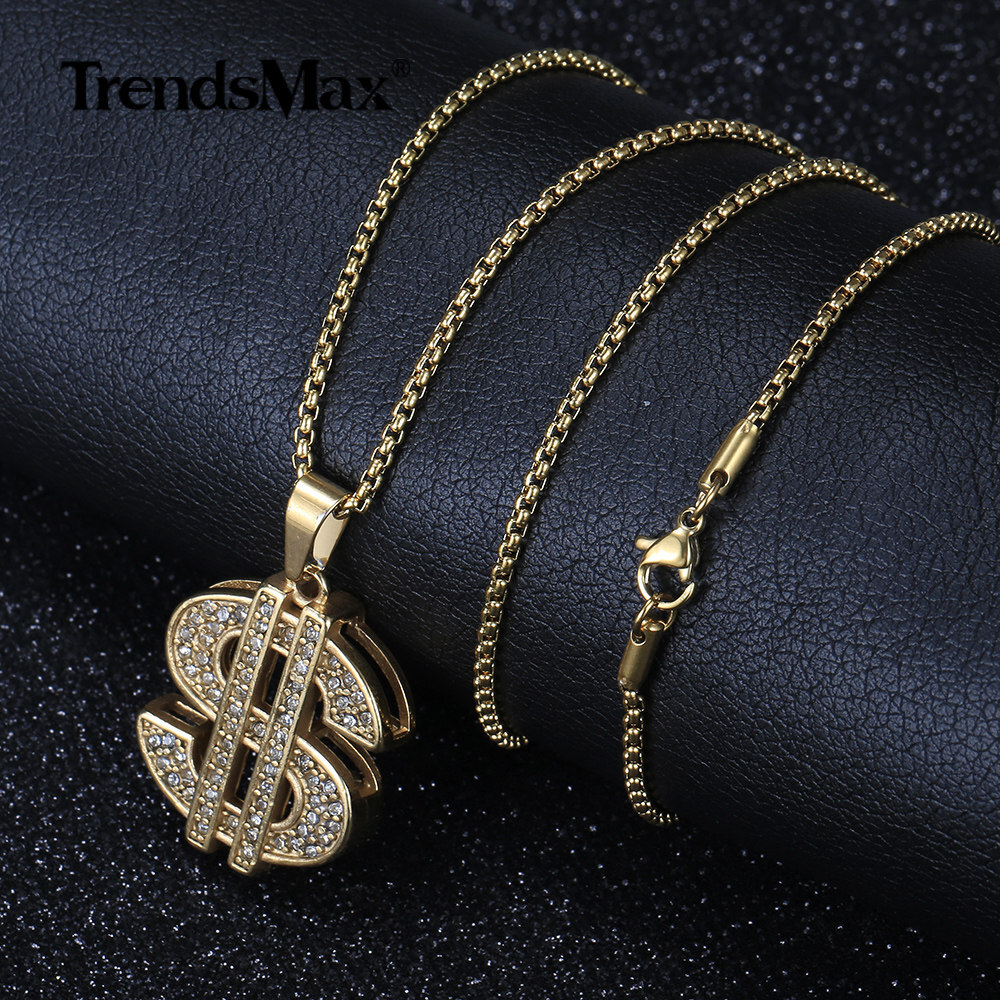 Mens Cubic Zircon Dollar Sign Pendant Necklace Gold Plated Stainless Steel Chain