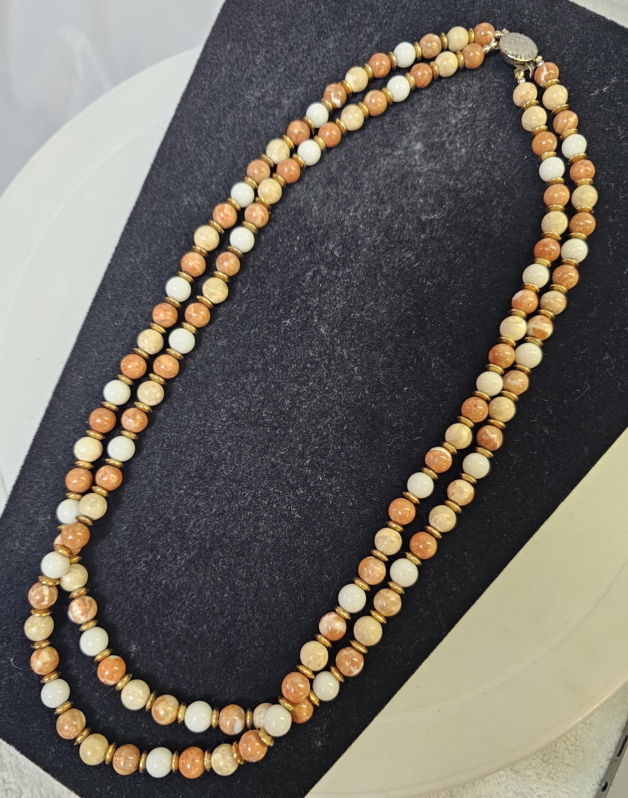 Jasper Stone White Brown Beads 2 Strands Beaded Necklace 23.5in- S92
