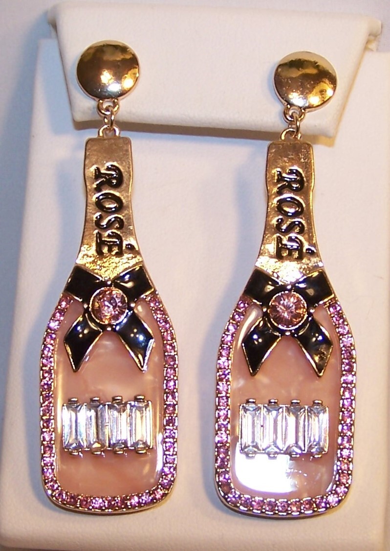 Rose Wine Bottle Earrings Rhinestones Pink Clear Stones-New