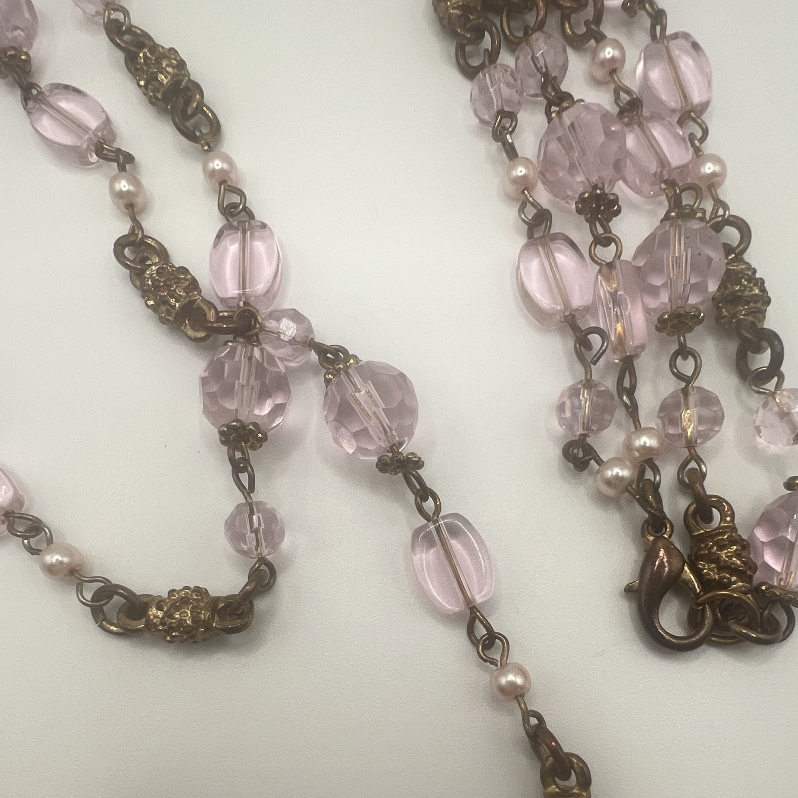 Vintage Pink Crystal Glass Long Length, Double Strand Necklace, Gold Tone Set