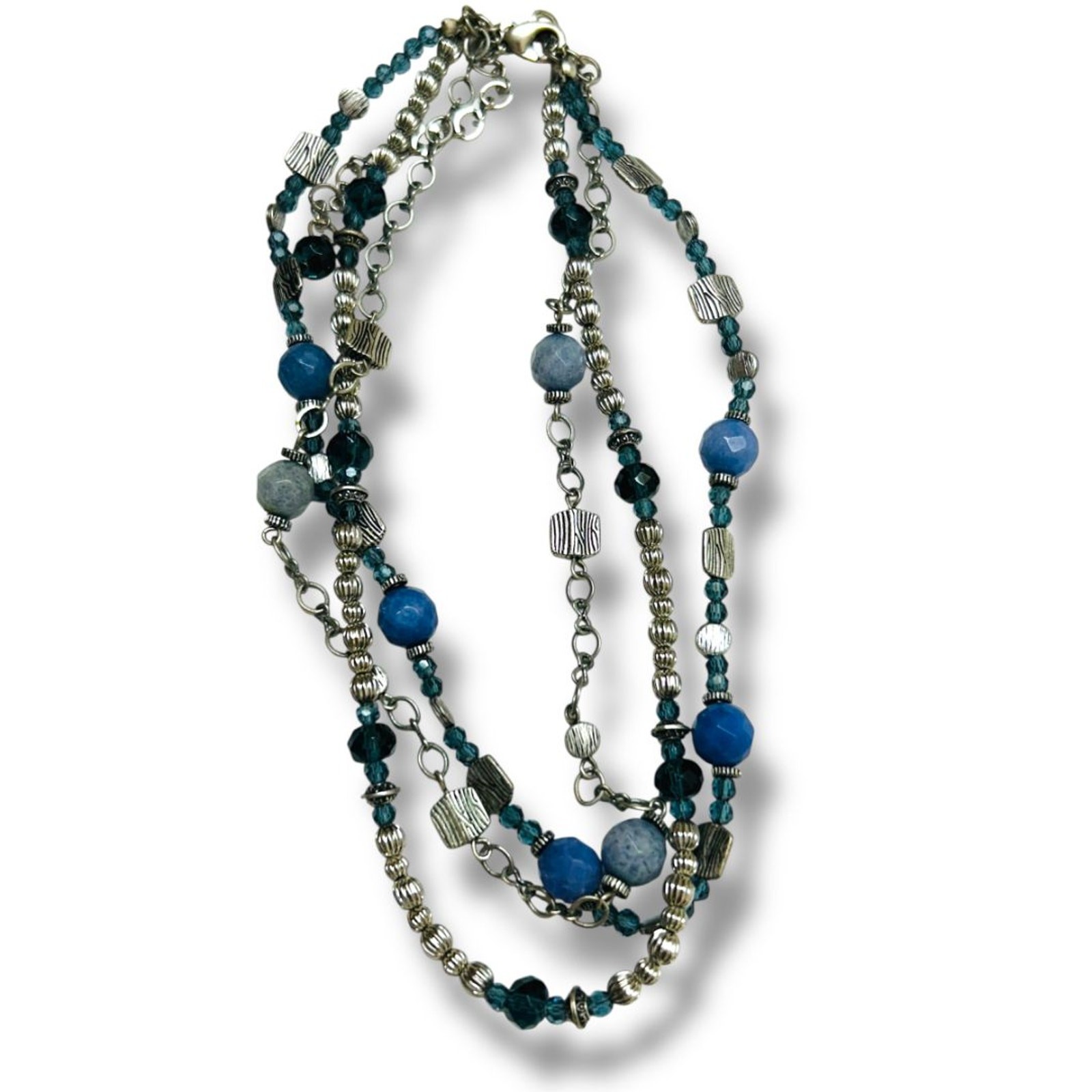 Premier Designs Multistrand Necklace Blue Silvertone Beaded 15.5-19″