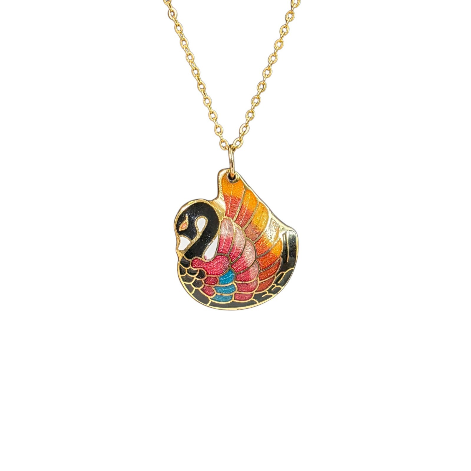Cloisonne Swan Pendant Necklace Gold Tone Enamel Multicolor Bird Jewelry 18 Inch