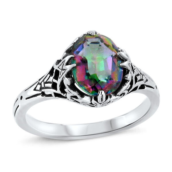 CLASSIC STYLE MYSTIC QUARTZ 925 STERLING SILVER SOLITAIRE FILIGREE RING 439X