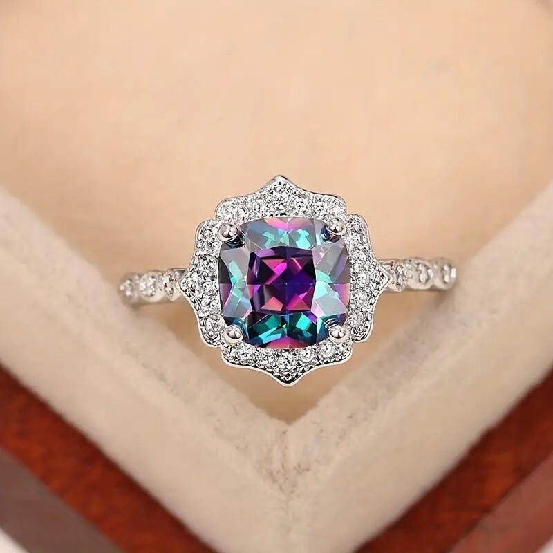 925 Sterling Silver Rainbow Mystical Fire Topaz Wedding Engagement Ring Size 8