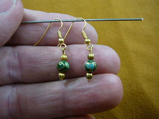 (ee610-80) Green pink flower CLOISONNE one 6 mm bead dangle EARRINGS Jewelry