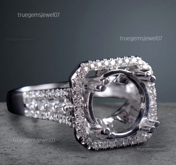 925 Silver Ring Semi Mount 10mm Round Cut Cushion Halo Engagement Setting Blank