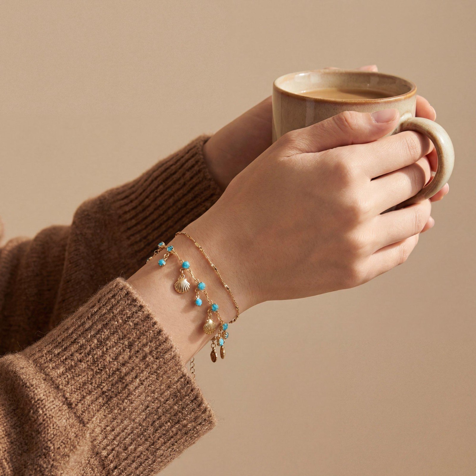 Gold Layered Seashell Bracelet Blue Crystal Boho Beach Charm Jewelry Women