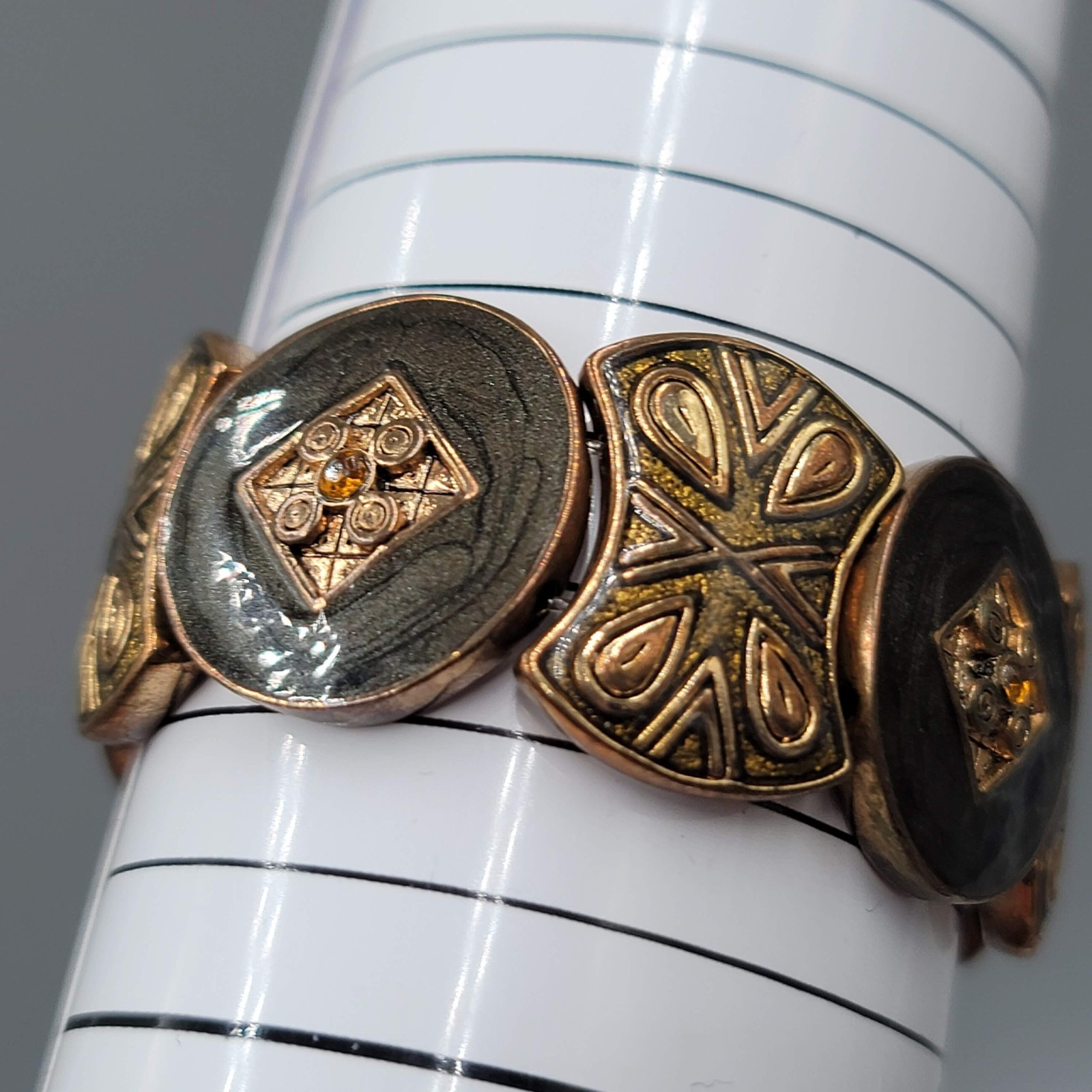 Enamel Medallion Bracelet Bronze tone Elastic 6.25″