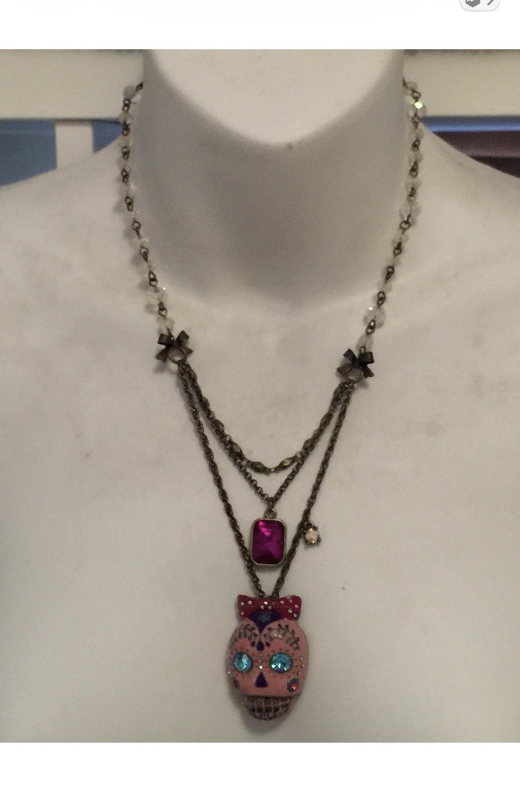 Multicolor Layered Cable Chain Necklace Pink Crystal Rhinestone Skull Charm