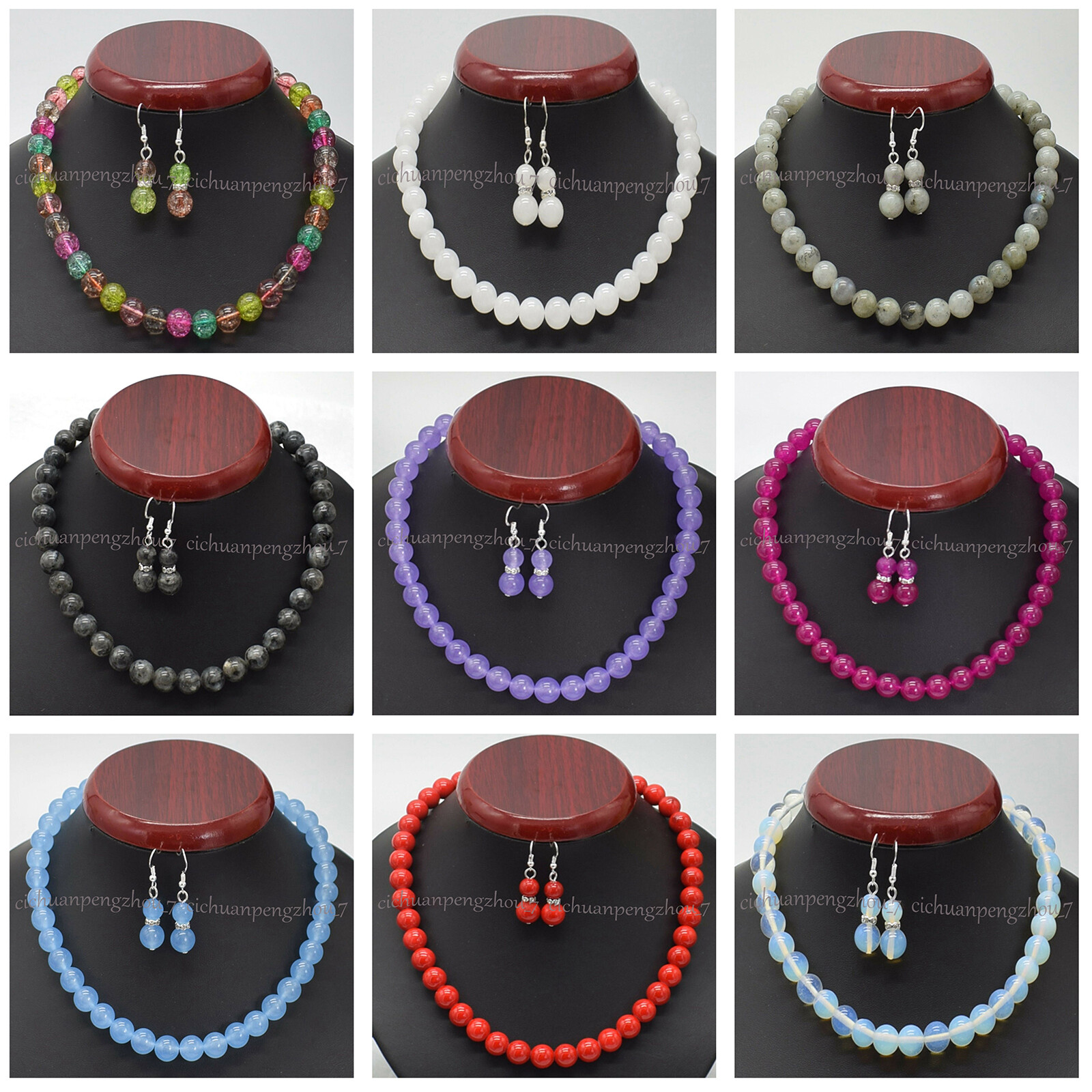 6/8/10/12mm Natural Multicolor Gemstone Round Beads Necklace Earrings Set 18”
