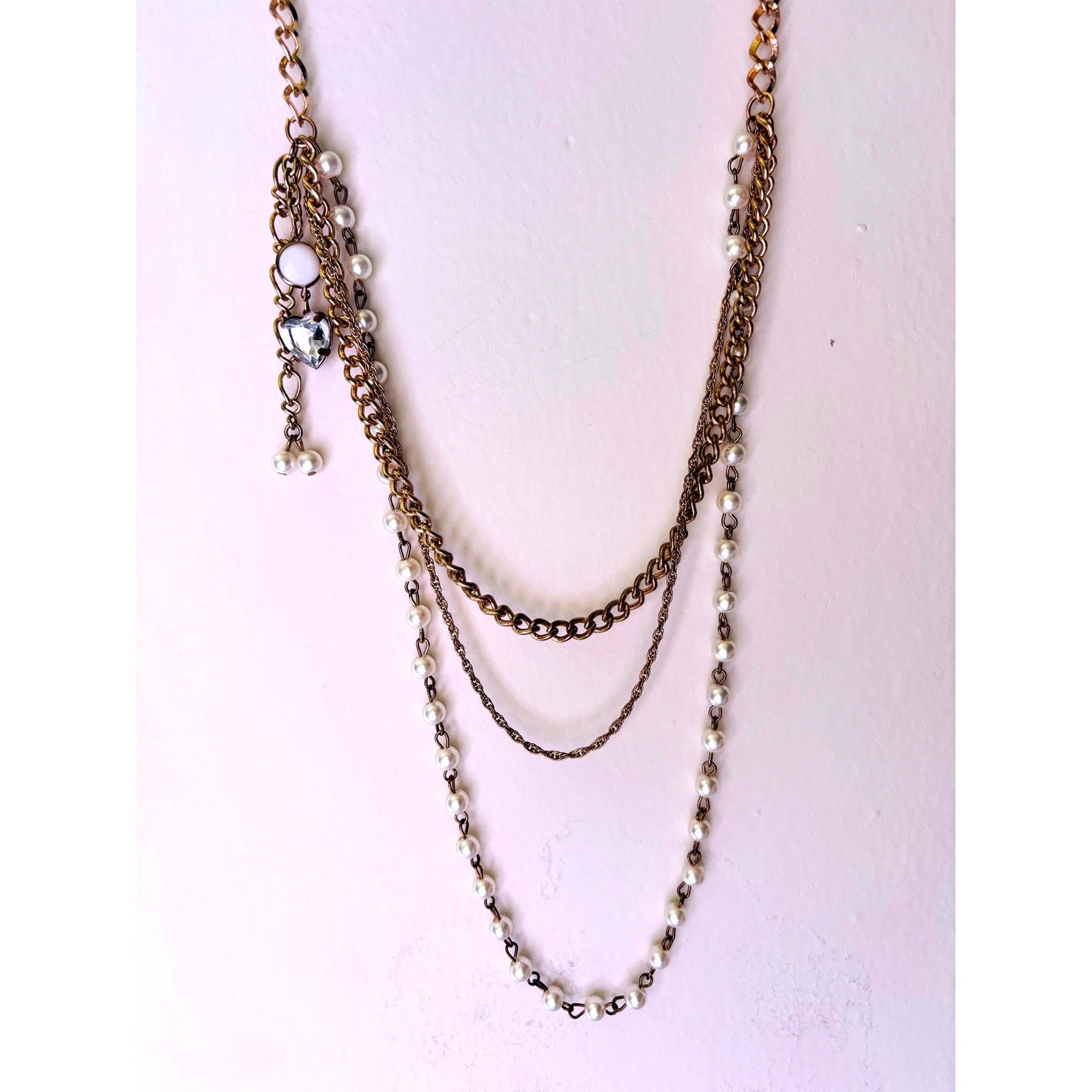 Gold Tone Multi Strand Layered Necklace Heart Pearl Charm Tiered Statement Chain