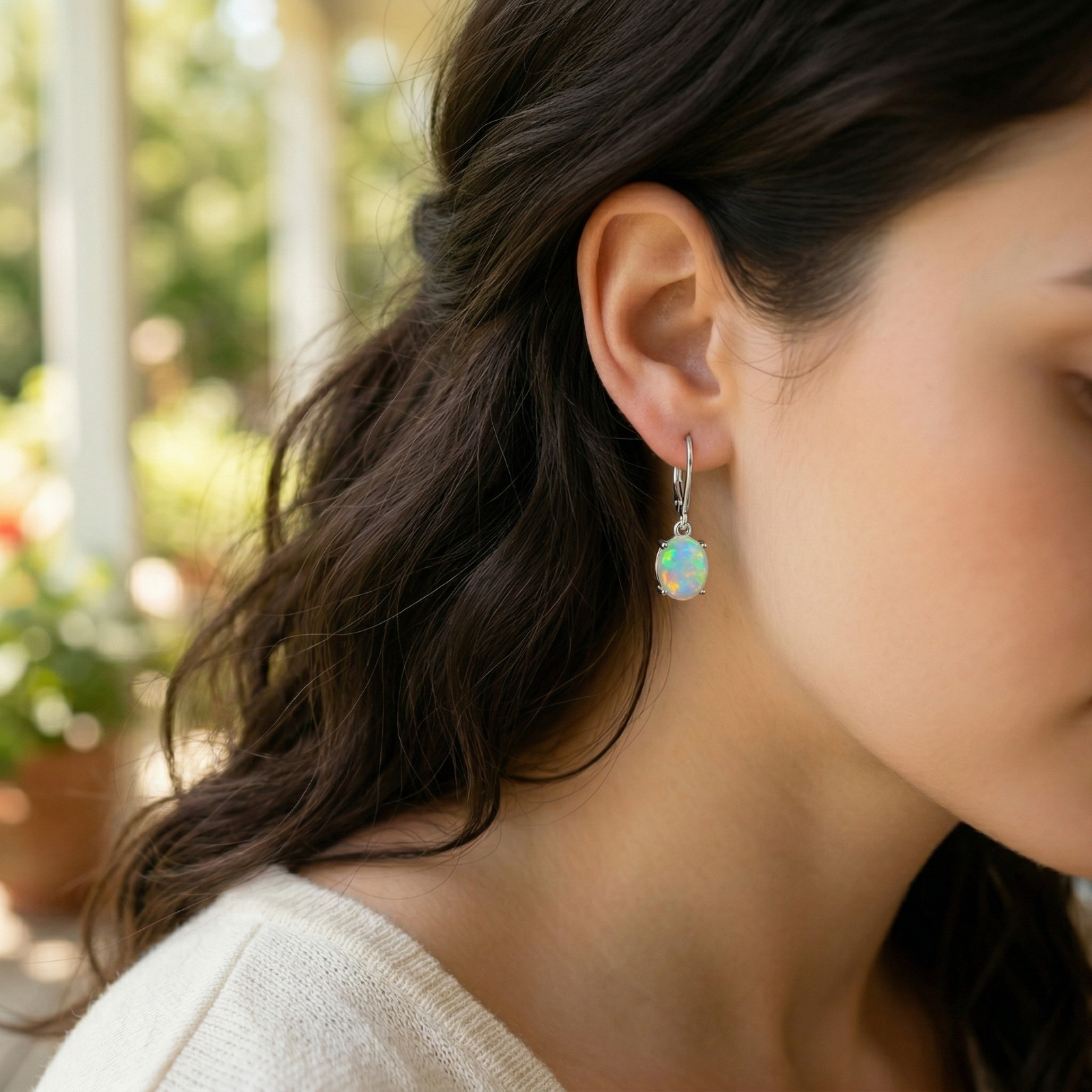 White Fire Opal Dangle Earring Silver Drop Hoop Daily Women Earrings gift