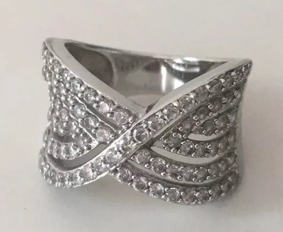 925 Sterling Silver Cubic Zirconia Crossover Crisscross Wide Band Ring Size 6